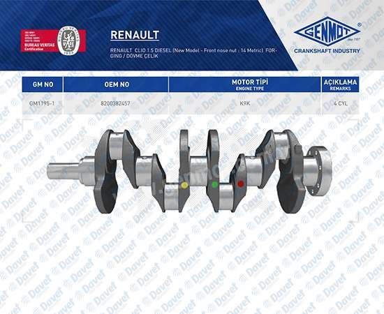 GENMOT GM1195 Krank Mili Renault Clio Iii-Iv Kangoo Megane Ii-Iii Fluence Captur Logan 1.5dci K9k M14 Civatali